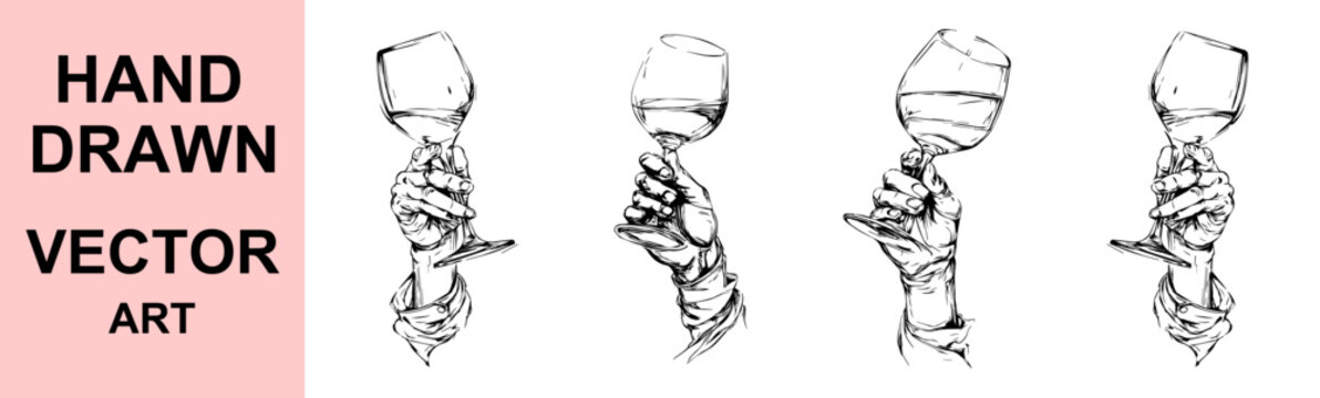 Hand Drawn Human Hand Holding Wine Glass Vector Illustration Set Vintage Engraving Style Toast Gesture Collection for Celebration Hospitality Branding