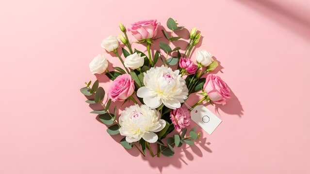 Elegant Flat Lay Floral Arrangement on Pastel Background &ndash; Styled Flower Composition for Wedding, Branding, Social Media, and Feminine Design