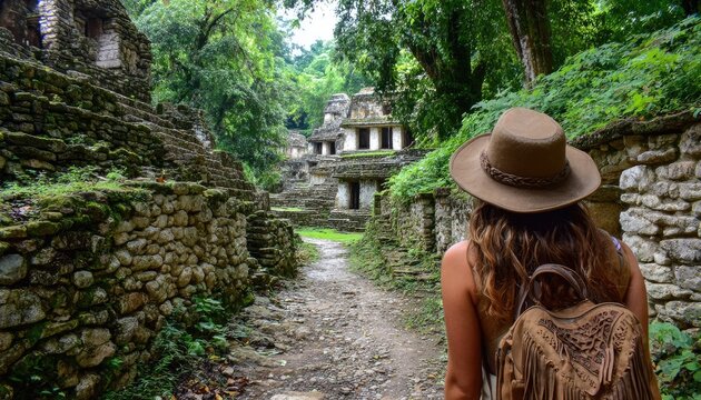 Woman in hat and backpack explores ancient jungle ruins