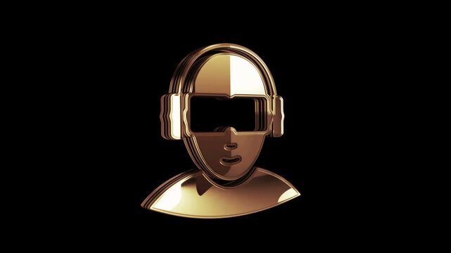 Virtual reality VR golden metal shine rotating symbol concept. Glowing and reflection light icon abstract. Seamless looped rotate 3d animation.