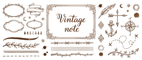 Vintage note hand drawn ornate frame ribbon anchor feather compass rose arrow vector set for retro design  © Ahmed