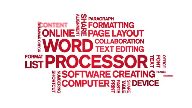 Word Processor animated word cloud-text design animation tag kinetic typography seamless loop.