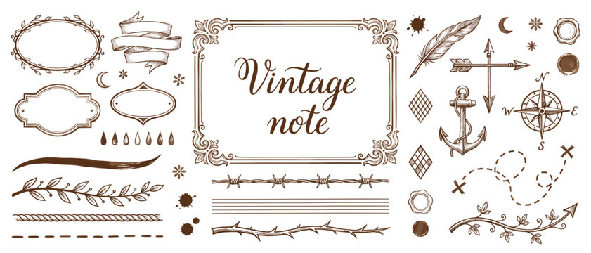 Vintage note hand drawn ornate frame ribbon anchor feather compass rose arrow vector set for retro design
