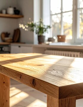 Bright, sunlit kitchen with wooden table and plants