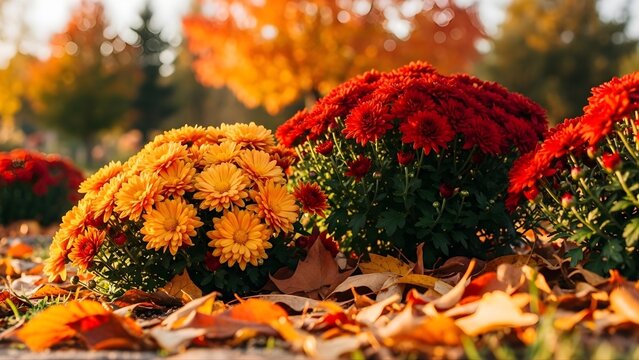 Vibrant Fall Chrysanthemum Garden &ndash; Autumn Floral Scene with Warm Tones and Soft Light for Seasonal Branding, Decoration, and Nature Wallpaper