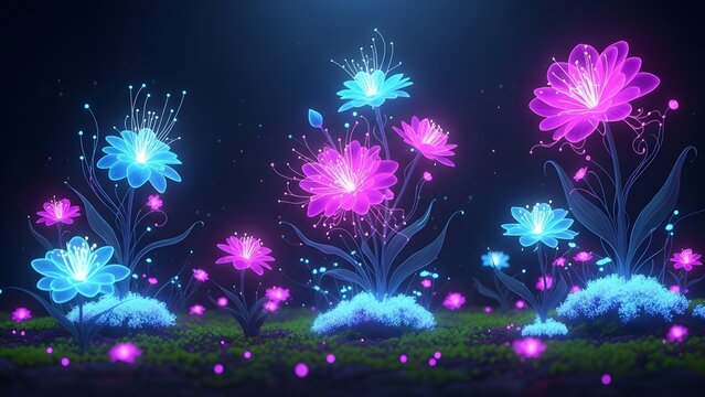 Fantasy Neon Bloom with Electric Colors &ndash; Abstract Glowing Flowers, Modern Digital Art Background for Trendy Branding and Visual Content