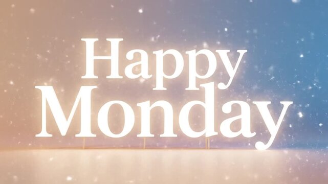 A beautiful and sparkling "Happy Monday" message displayed in elegant white font against a soft, gradient background of peach and blue hues, with subtle bokeh effects.