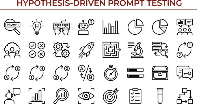Hypothesis Driven Prompt Testing Outline Vector Icons for AI Experimentation Analytics Validation and Workflow Optimization