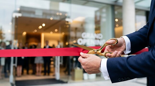 Close up of businessman hand cutting red ribbon with golden scissors at corporate grand opening ceremony celebrating new store launch and business success
