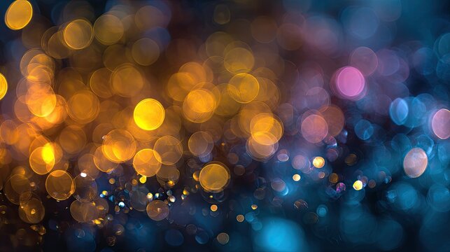 Swirling golden and teal bokeh lights create a dreamy, abstract atmosphere