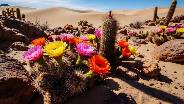Bright Desert Blossom Against Sandy Background &ndash; Resilient Flower in Dry Climate, Striking Nature Image for Ecology, Travel, and Design Use