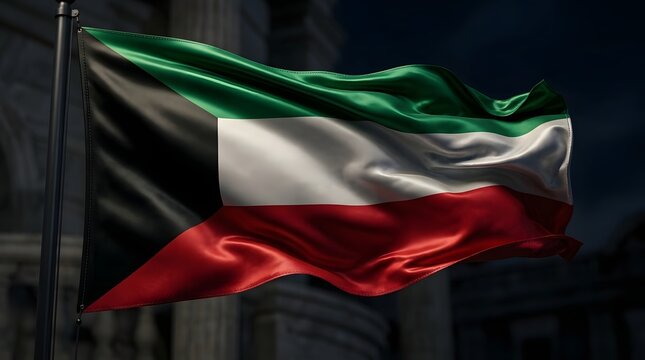 The Kuwaiti flag waves in front of a building at night