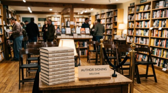 Cozy bookstore ambiance with an authors signing table in sharp focus showcasing a neat hardcover book stack and name placard while blurred folding chairs and a small queue barrier