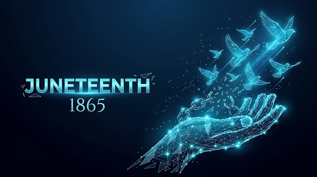 Glowing low poly hand releasing digital birds celebrating juneteenth 1865. low poly juneteenth with juneteenth emancipation celebration abstract technology. low poly juneteenth