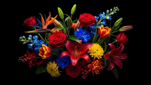 Colorful Floral Arrangement with Dark Backdrop &ndash; Bold Studio Photography Flowers, Elegant Contrast Image for Advertising and Creative Projects