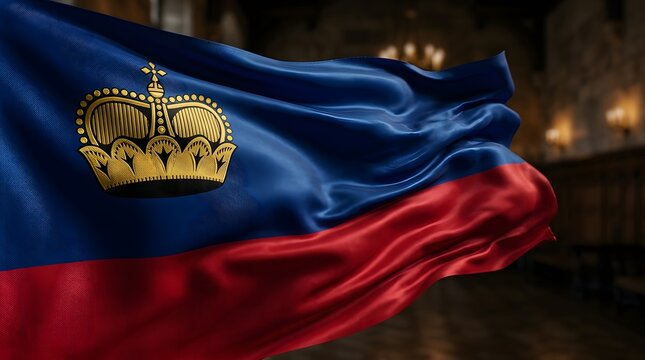 The flag of Liechtenstein waves gently in a darkened room with gold crown emblem