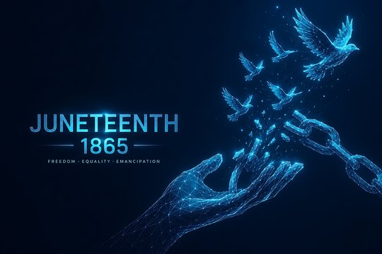 Glowing low poly hand breaking chain and releasing digital birds for juneteenth 1865. low poly juneteenth with juneteenth liberation emancipation abstract. low poly juneteenth