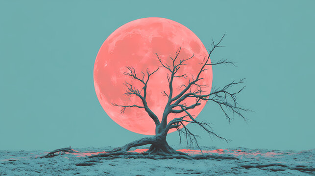 Lonely Tree Under a Pink Supermoon