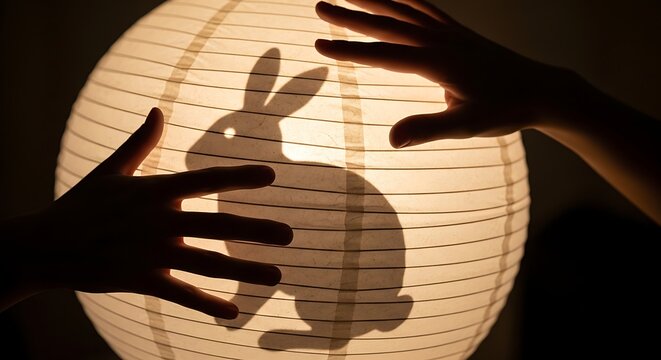 Hands making a rabbit shadow puppet on a glowing paper lantern at night