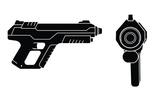 Futuristic handgun and front view black silhouette
