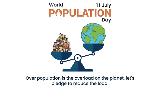 World population day illustration with globe and people on scales