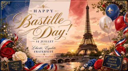 Happy Bastille Day greeting card with Eiffel Tower, French flag, red white blue balloons, roses, and 'Liberté, Egalité, Fraternité' text. © nur