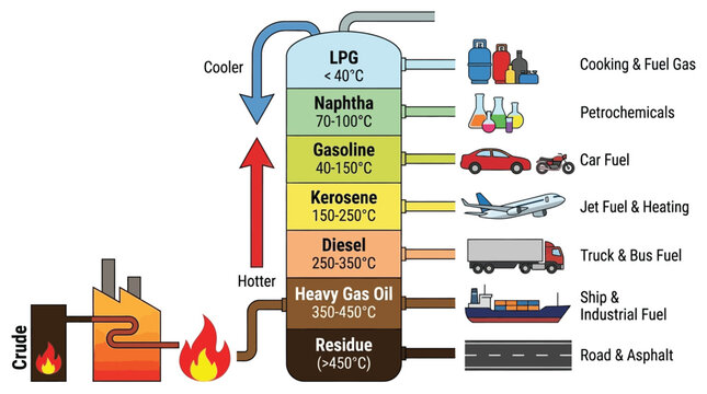 Fractional Distillation Of Crude Oil Vector Illustration With Temperature Ranges