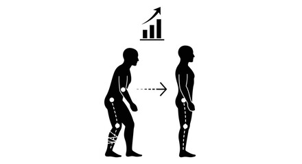 Postures comparison chart illustrates the dramatic physical improvement of spinal alignment from a hunched position to a healthy upright stance. © Laronspbg