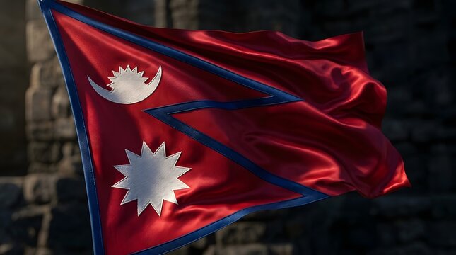 The national flag of Nepal waves proudly in front of an ancient stone structure