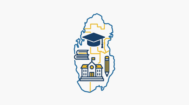 Education symbols on Qatar map outline.