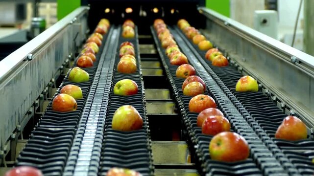 Apples on a conveyor belt.