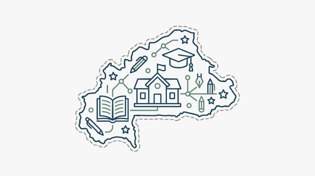 Educational concept map of Burkina Faso with school building and graduation cap.