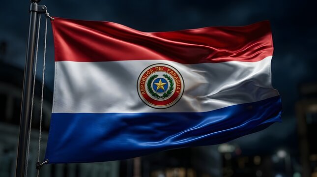 The Paraguayan flag waves in the wind at night in a city