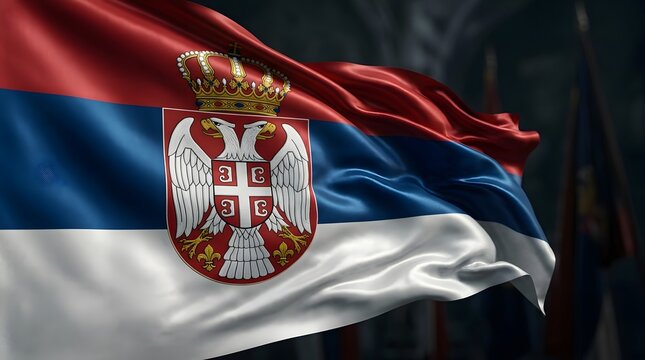 The Serbian flag waves proudly outdoors in a dark environment