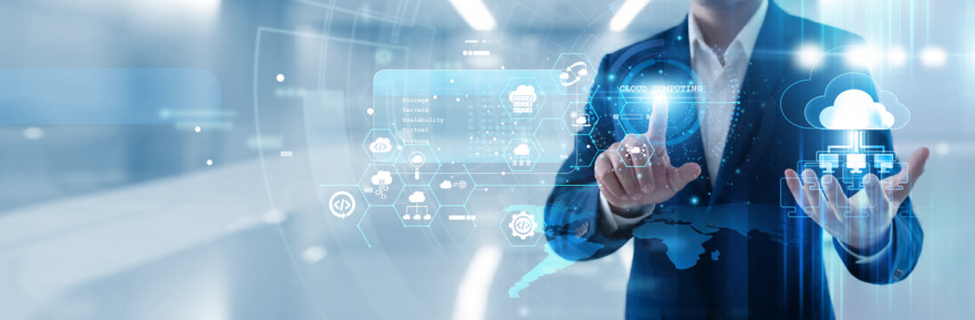 IT professional hand touching cloud computing server icon on virtual dashboard to manage remote data storage, optimize network infrastructure and ensure secure access for digital teams.
