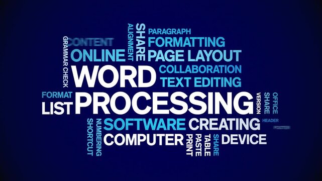 Word Processing animated word cloud-text design animation tag kinetic typography seamless loop.