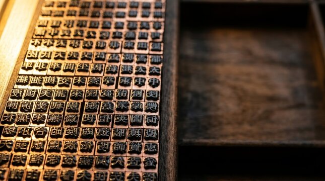 Close-up of antique movable type letterpress blocks in a wooden tray, historical printing concept