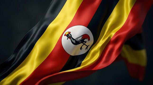The flag of Uganda waves proudly in the wind, showcasing its vibrant colors and national symbol, a crested crane, on a dark background.