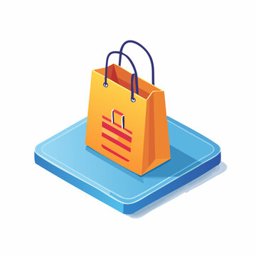 Orange shopping bag illustration with striped design on a blue platform isometric perspective