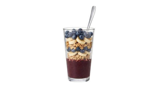 Healthy acai bowl in glass, layered fruit smoothie with blueberries and banana, granola yogurt parfait isolated on transparent background