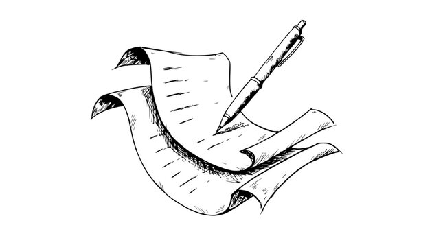 Hand-drawn sketch of a pen writing on a document or scroll