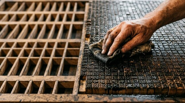 Artisan cleaning vintage movable type letterpress printing blocks with ink texture
