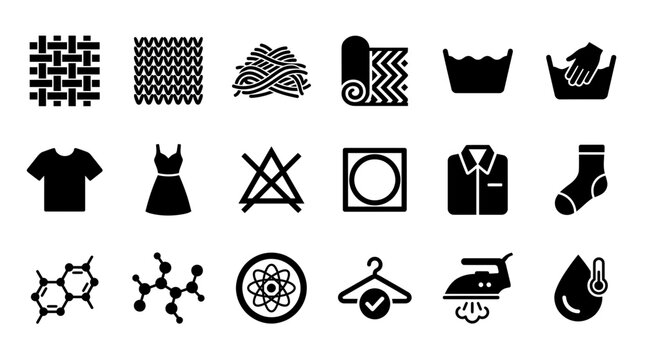 Textile and laundry care icons featuring fabric weaves, washing symbols, clothing items and chemical structures, Symbolizing garment maintenance and illustrating industrial manufacturing
