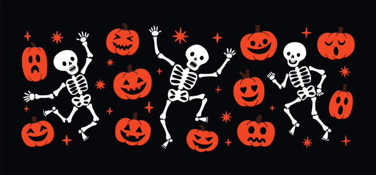 Simple pumpkins, dancing skeletons in different pose. Playful doodle Halloween Skeleton and Pumpkin illustration set. Flat modern trendy childish style. Funny scary dead bones. 31 October celebration.