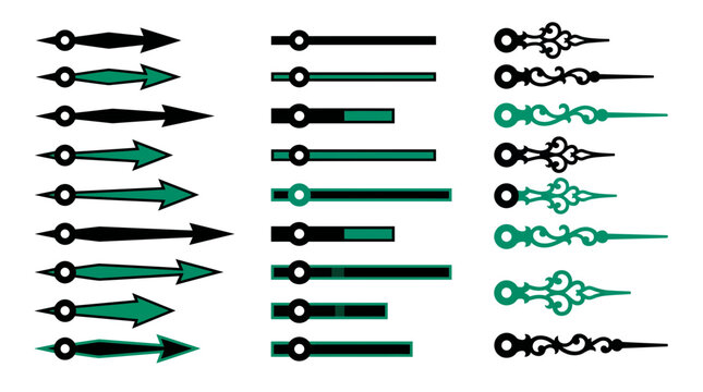 Set of diverse clock hands and watch needles featuring modern arrows and vintage ornate filigree styles in black and green, provides assets for time design, illustrating precision repair