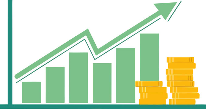 Flat upward trending money growth chart with green bars and yellow coins flat money growth chart