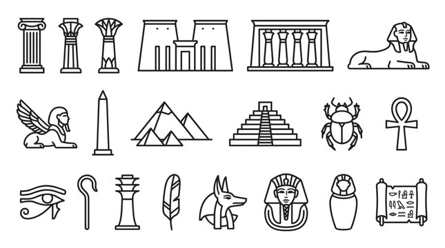 Ancient Egyptian culture icons set featuring pyramids sphinx pharaoh anubis and sacred symbols in thin line style, illustrating educational history materials and representing travel branding