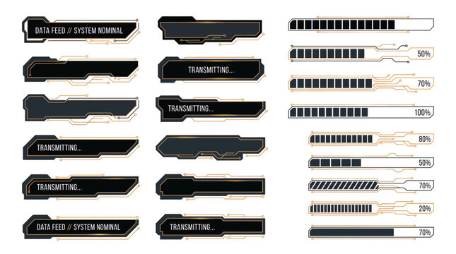 Collection of futuristic HUD UI elements with loading progress bars and digital data feed panels in black and gold colors, representing digital interface design or gaming stream overlays