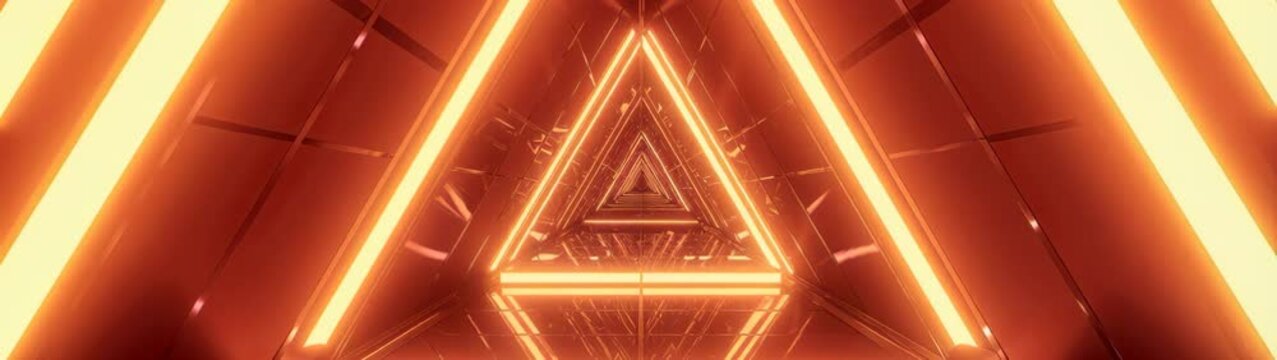 Futuristic endless tunnel with glowing lines creating a triangular framework. Conceptual journey towards a bright virtual future