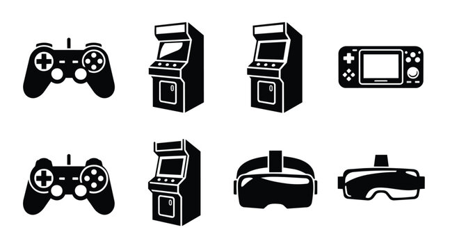 Collection of vintage and modern gaming equipment including controllers, arcade machines, handheld.